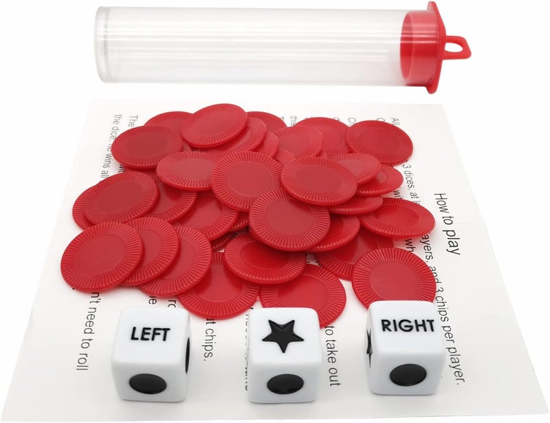 Ahoper Left Right Center Dice Game Prime Set Bundle with 3 Dices + 36 Chips. Round Tube Storage is Very Convenient for Travel. Easy to Store, Carry Around. (Red) - Image 4